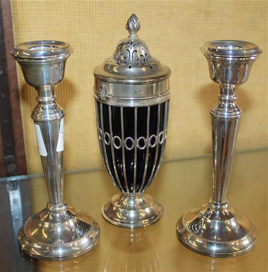 Silver & glass sifter & pair candlesticks